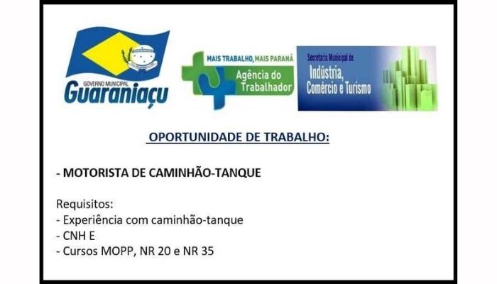 Guaraniaçu – Agência do Trabalhador de Guaraniaçu oferece vagas de emprego
